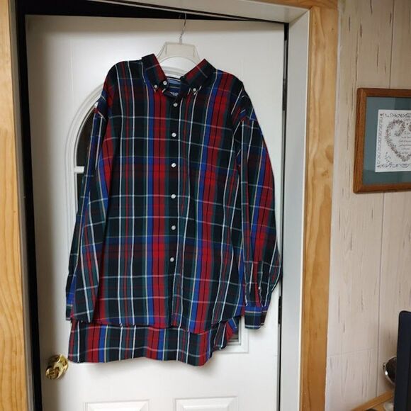 Chaps Red Blue Multi-Color Plaid  Long Sleeve Button Down Shirt Men's 4XB - Picture 1 of 2
